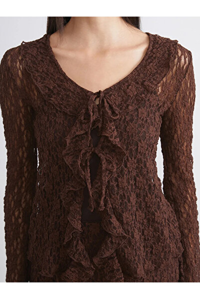 LC Waikiki Soulife Brown Tie Neck Lace-Like Knit Lace Women's Cardigan