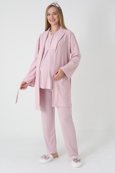 BLACKMORE Women's Powder Shawl Collar Jacquard Long Sleeve Winter Maternity Pajama Set with Dressing Gown