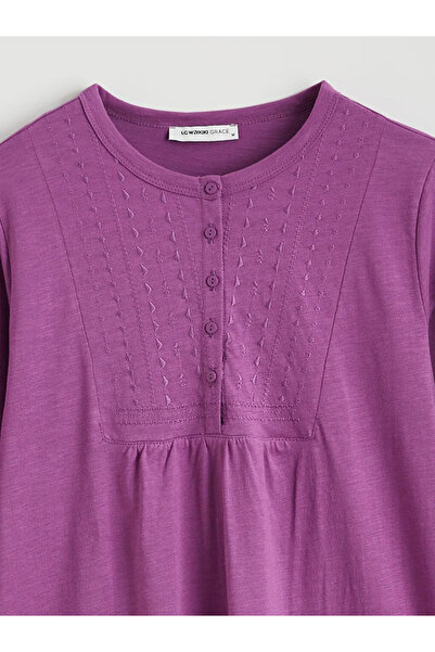 LC Waikiki Lcw Grace Purple Crew Neck Embroidered Blouse