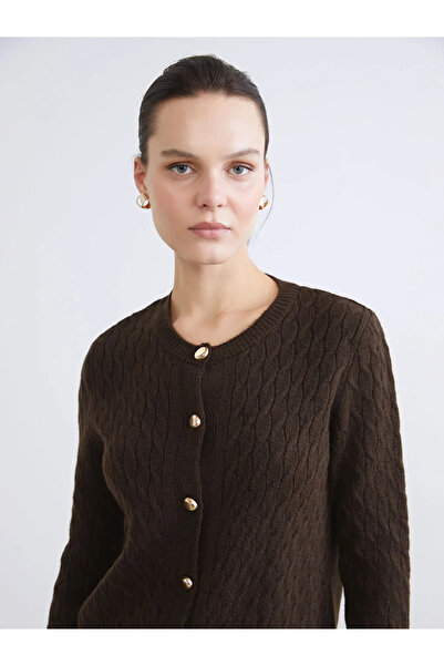 LC Waikiki Γυναικεία πλεκτή ζακέτα LCWAIKIKI Classic Brown με λαιμόκοψη με αυτοσχεδιασμό
