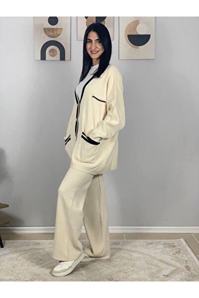 YusGos Women's Striped Detail Gold Buttoned Oversized Cardigan Pants Set