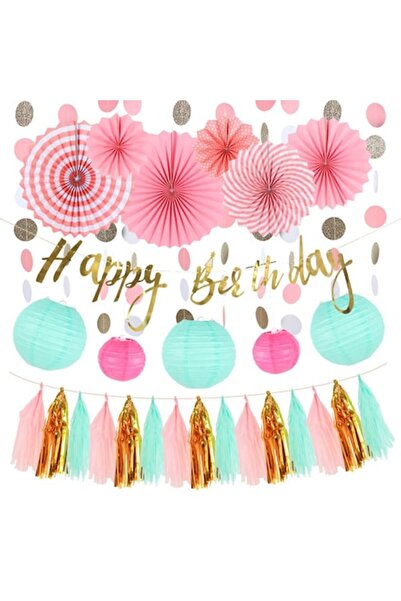Sunbeauty Σετ διακόσμησης γενεθλίων σε ροζ και χρυσό χρώμα - Πανό «Happy Birt...