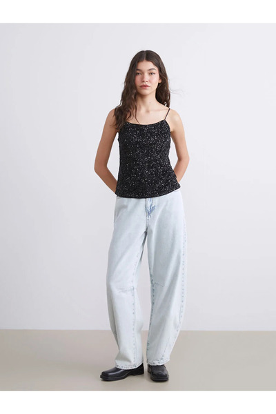 LC Waikiki Xside Black Square Neck Sequin Women's Blouse