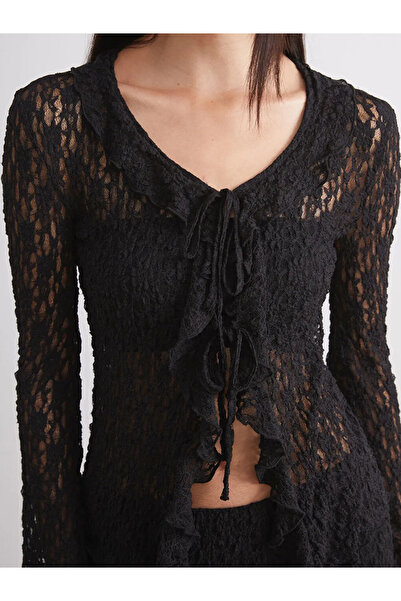 LC Waikiki Soulife Black Lace-Up Collar Lace-Like Knit Lace Women's Cardigan