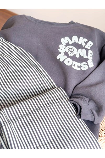Pinkitokids Make Some Noise Printed Swetshirt and Striped Pants Set
