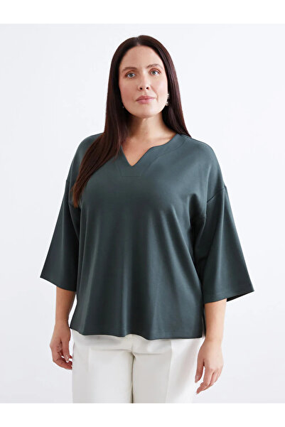 LC Waikiki بلوزة LCWAIKIKI الكلاسيكية ذات الياقة المطوية باللون الكاكي