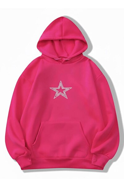 MODARİCH Yıldız BASKILI Sweatshirt - Pembe Oversize Şardonlu Kapüşonlu
