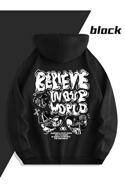 NEVERMIND Believe in Your World Written Lover Combination Hoodie – Unisex Oversized Black Sweatshirt Set of 2