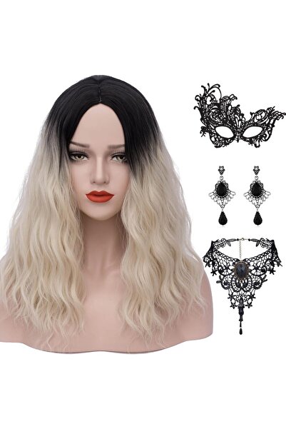 OEM Blonde Ombre Cosplay Wig Set for Women, Medium Hair Style, Ideal for Carnival and Halloween