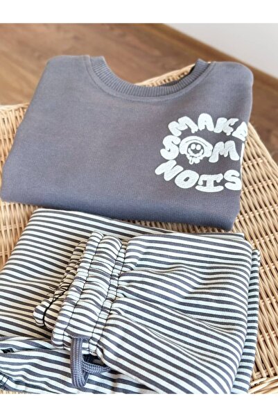 Pinkitokids Make Some Noise Printed Swetshirt and Striped Pants Set