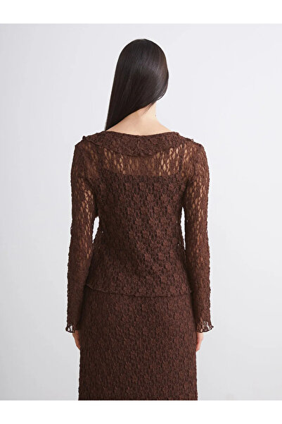 LC Waikiki Soulife Brown Tie Neck Lace-Like Knit Lace Women's Cardigan