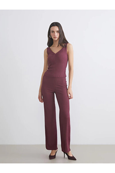 LC Waikiki Lcw vision burgundy v-neck textured ruched blouse