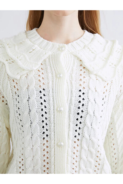 LC Waikiki Xside ecru Peter Pan collar Lace-Like Knit women's knit cardigan