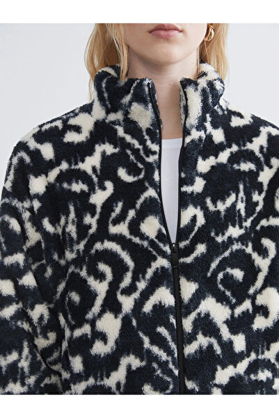 LC Waikiki Lcwaikiki Basic Black Mock Neck Patterned Women's Plush Cardigan