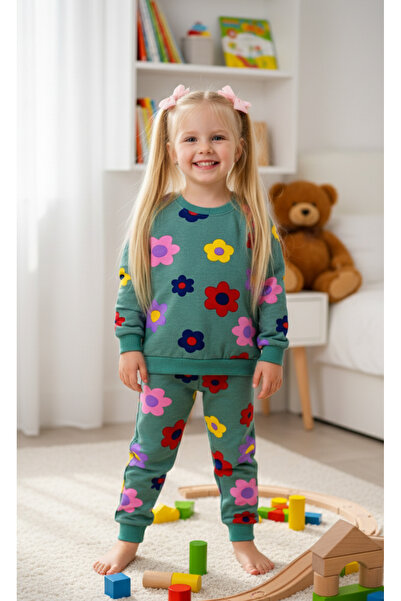 Arya Nisa Kids Girls Fleece-Lined Cotton Green Color Flower Printed Pajama Set
