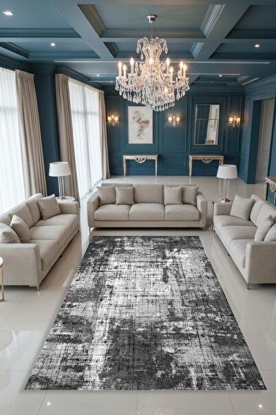 Kessy Home Studio Coral Modern Gri Soyut Desenli Yıkanabilir Halı Kaymaz Taba...