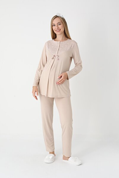 BLACKMORE Women's Beige Special Lace Detailed Winter Maternity Pajama Set with Dressing Gown 3-Piece Set