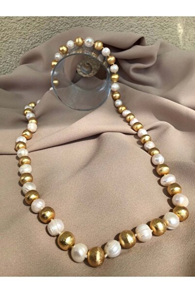 BuinJewellery Gold & Beyaz Yuvarlak İnci Kolye