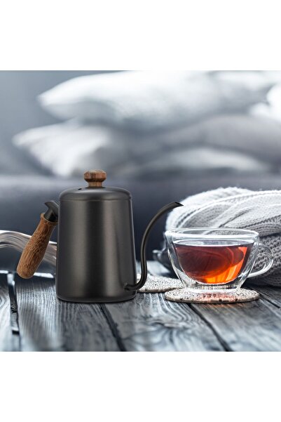 Relaxdays Stainless steel kettle with oak wood handle, capacity 550 ml, resistance 150 °C, 15 x 25 x 9 cm