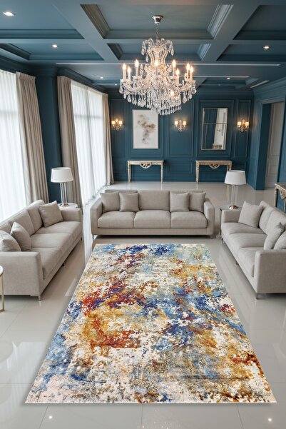 Kessy Home Studio Coral Modern Vizon Mavi Soyut Desenli Yıkanabilir Halı Kaym...