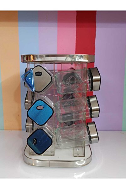 DEKOR ZÜCCACİYE HOME 12-Piece Rotating Stand Metal Lid Glass Spice Set