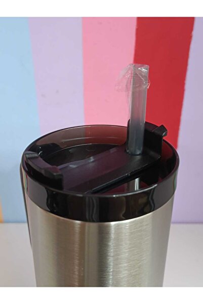 DEKOR ZÜCCACİYE HOME H2O Brand Silver 900 ml Steel Mug Thermos with Handle and Straw