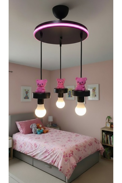 Eyzhen Bebek/Çocuk Odası Pembe Ayıcık Figürlü Neon Ledli 3'lü Sarkıt Avize