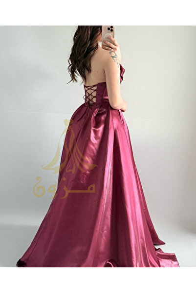 MEZON FASHION Raspberry Satin Evening Gown (Hand-pleated)