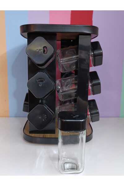 DEKOR ZÜCCACİYE HOME 12-Piece Black Rotating Stand and Glass Spice Set with Lid