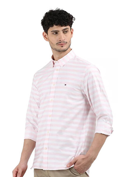 Tommy Hilfiger Men White & Light Pink Stripes Regular Shirt