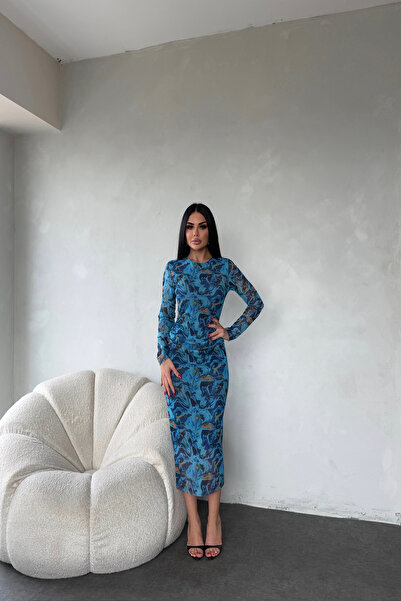 LİLA İSTANBUL Bisiklet Yaka Tül Kumaş Desenli Elbise