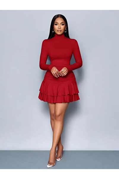 Sisa Butik Kadın Uzun Kollu Balıkçı Yaka Mini Fırfırlı Sandy Elbise