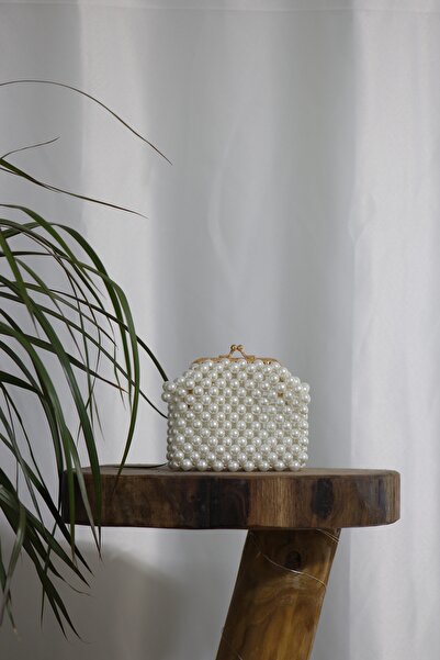 Şık Detay Kadın İnci Boncuklu El Yapımı Mini Cüzdan – Krem