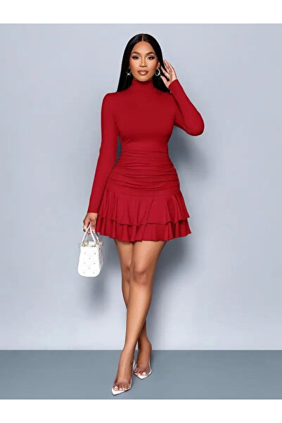 Sisa Butik Kadın Uzun Kollu Balıkçı Yaka Mini Fırfırlı Sandy Elbise