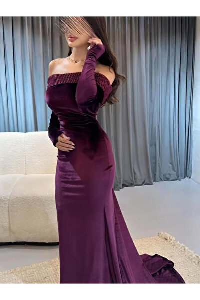 Nice Model Velvet Off-Shoulder Evening Dress Glitter Mesh Bodice Long Sleeve Formal Gown Train Burgundy Mauve