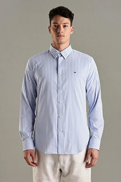 Tommy Hilfiger Men Light Blue Striped Regular Fit Cotton Shirt