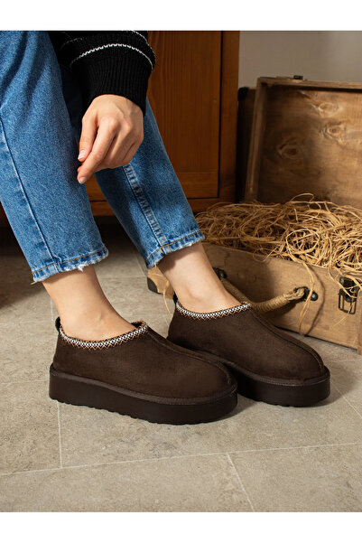 Extra Shoes İstanbul Women's Brown Suede Fur-Lined Flat Sole Sabo House Slippers