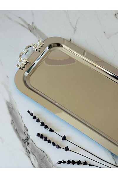 Melinda Silver Rectangular Removable Handle Detailed Tea, Coffee, Treat Serving Presentation Tray (33X17Cm)