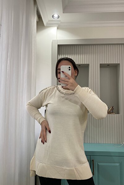 Auroveen Oversized Stone Detailed Shoulder Embroidered Knitwear Tunic Av2483