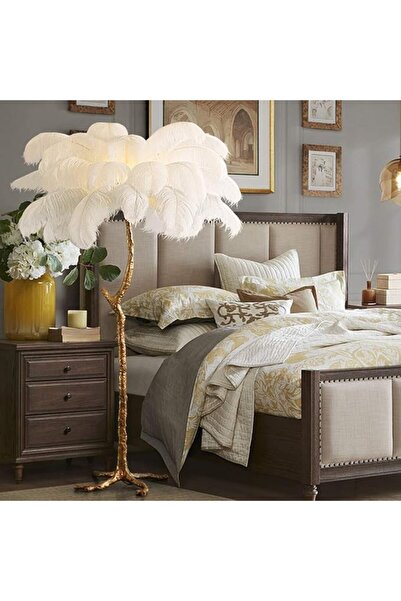 Kardett Lampă de 120 cm cu pene de struț, picior auriu, 3 becuri E14 incluse, albă