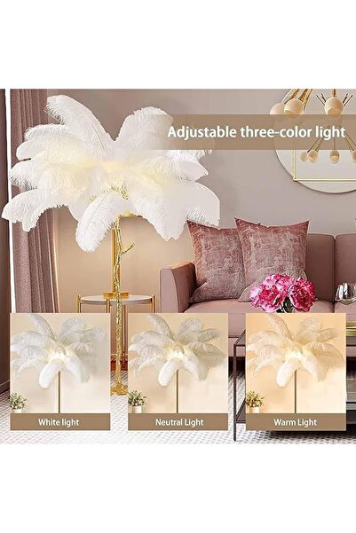 Kardett Lampă de 120 cm cu pene de struț, picior auriu, 3 becuri E14 incluse, albă