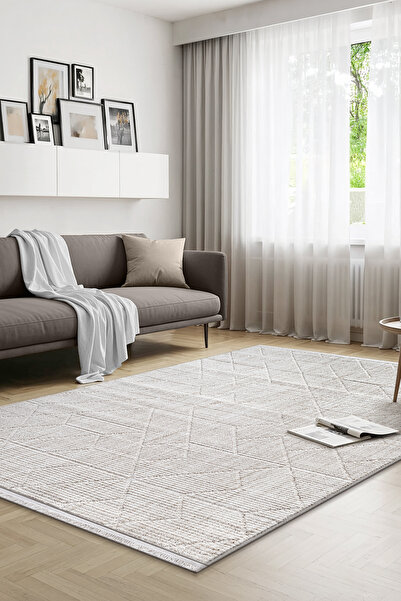 SARAZ HALI Yalın Bukle Salon Halısı Hav Vermez Mutfak Halısı Çocuk Odası Halısı Koridor 5579 KREM