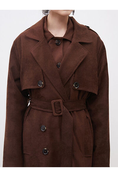 LC Waikiki Ceket Yaka Süet Görünümlü Kadın Trençkot