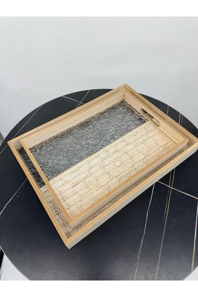 Living مجموعة من صينيتين تقديم مستطيلتين من الخشب والزجاج