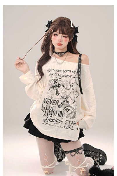 Köstebek Belted Strap Neckline Gothic Cross Long Sleeve Blouse