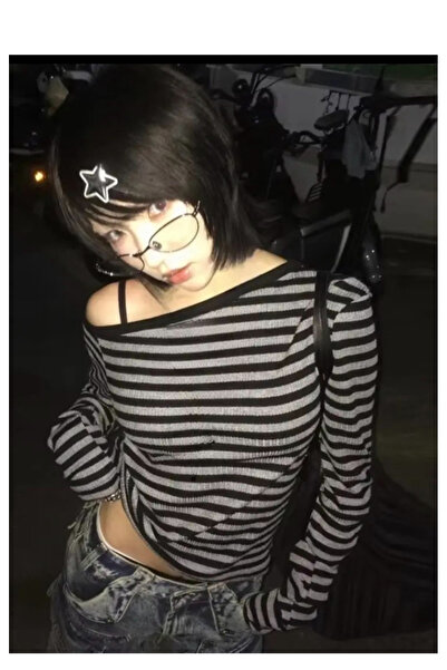 Köstebek Μαύρη γκρι ριγέ μπλούζα με λαιμόκοψη με λουράκια