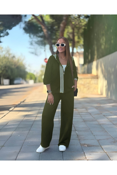 ALPACO Γυναικείο μακρυμάνικο με κουκούλα με φερμουάρ ριγέ βισκόζη με δύο κλωστές μπλούζα και παντελόνι σε δύο τεμάχια