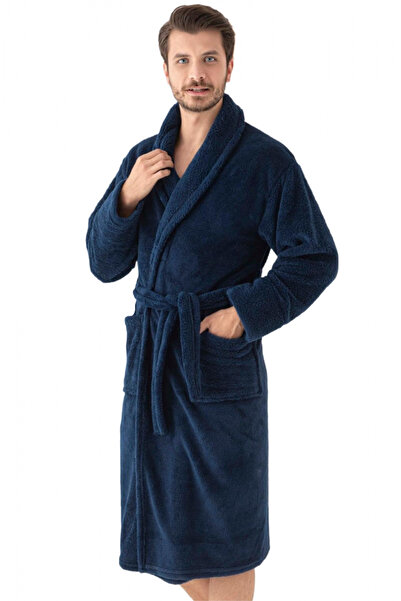 embody Men's cocolino dressing gown, soft and fluffy, with pockets, dark blue