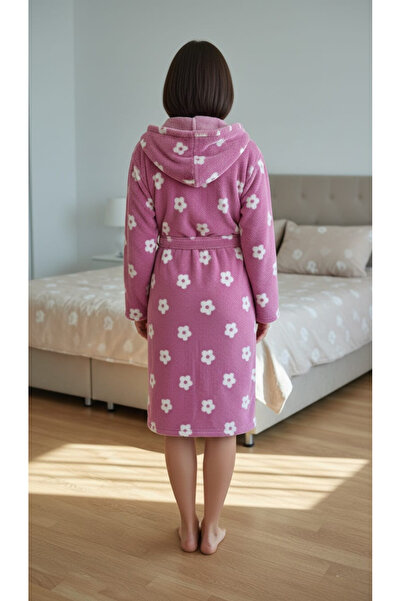 embody Women's hooded dressing gown, cocolino soft-polar, fluffy, with drawstring, pink flowers