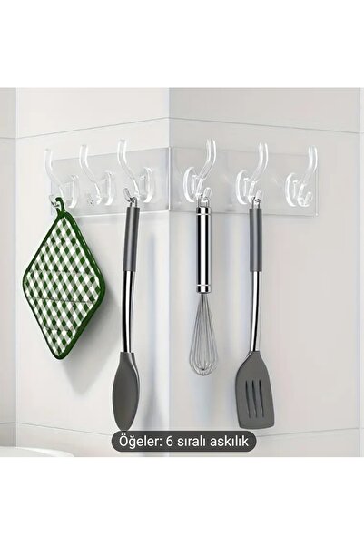 Alvin Şeffaf 6’lı Duvar Askılığı – Güçlü Yapışkanlı Banyo ve Mutfak Askı Seti